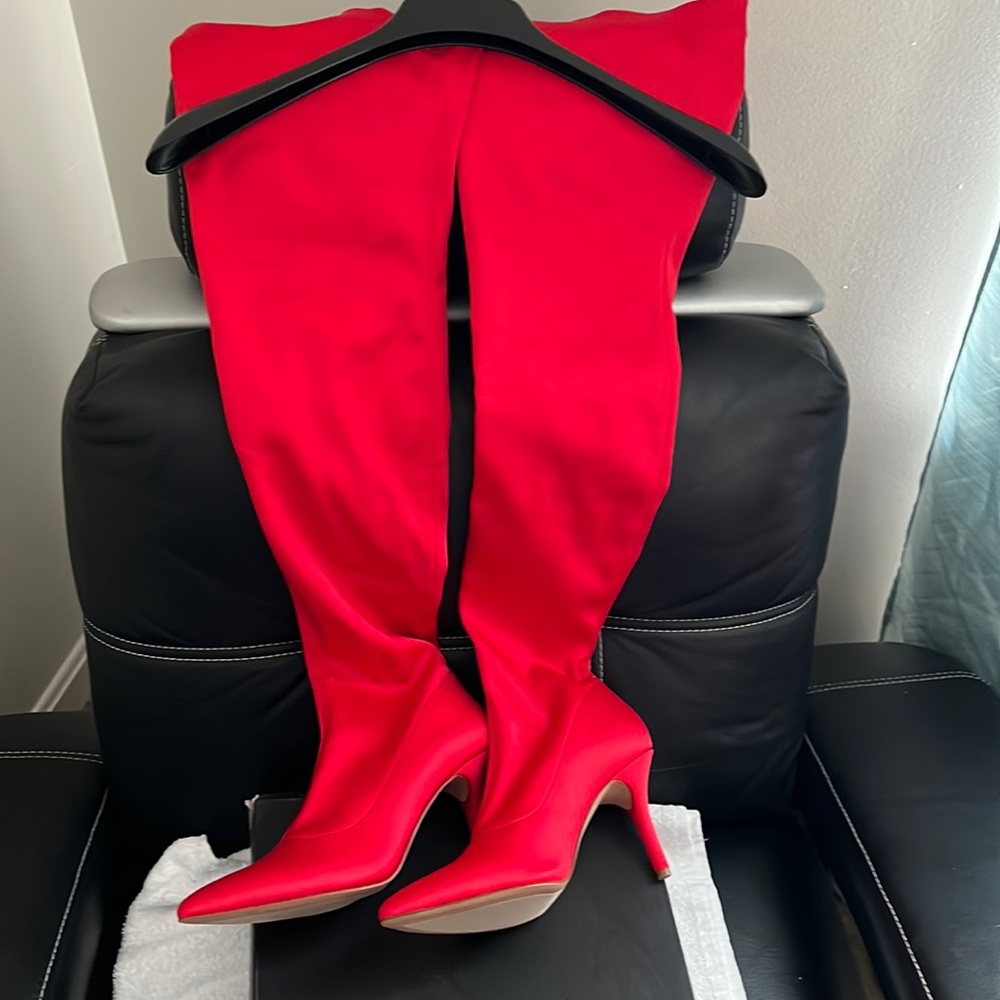 Red over the knee stretch boots